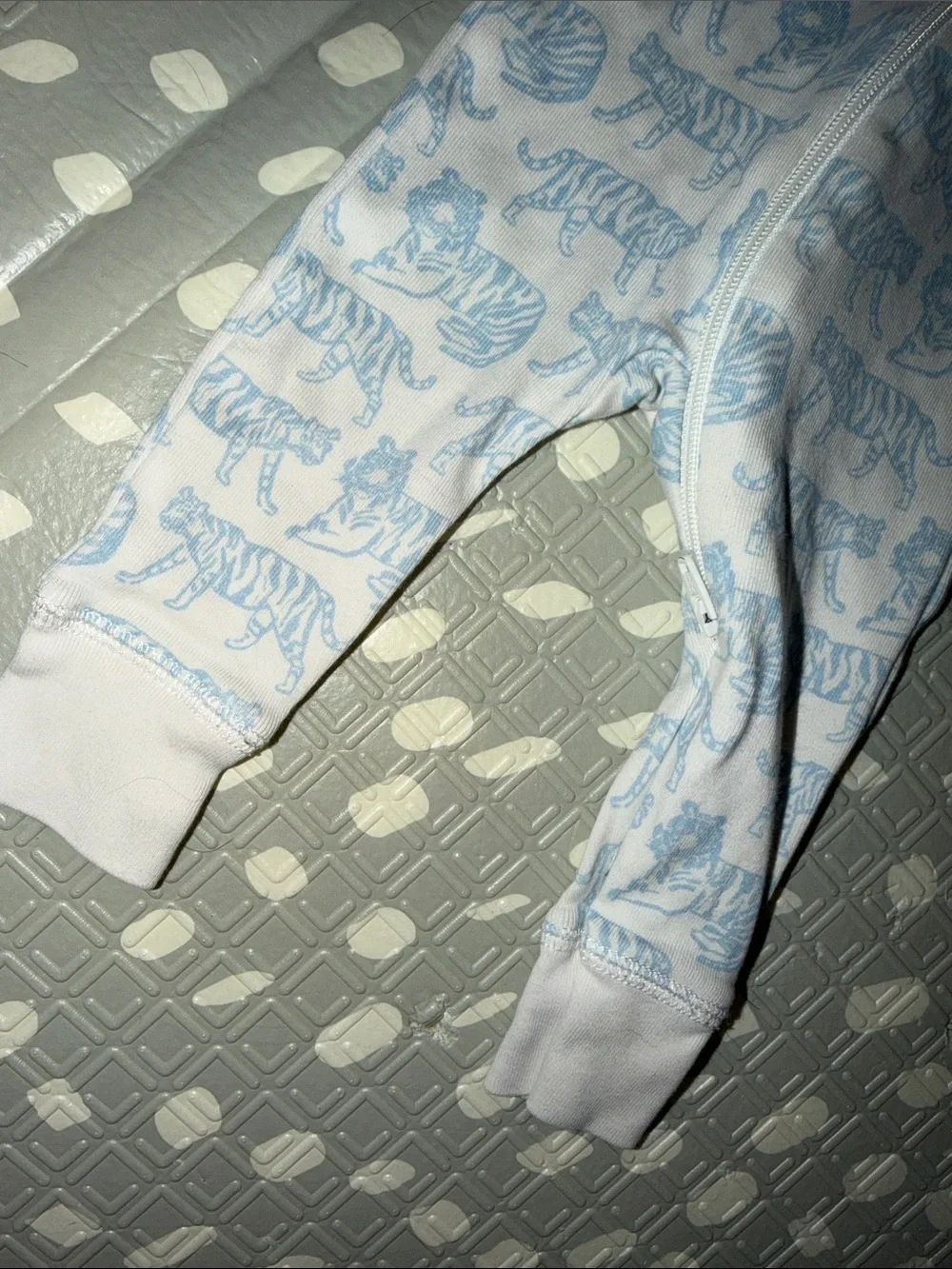 Lewis Zip One-Piece Pajamas in White with Light Blue Tiger Print